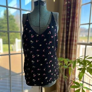 Shinestar Large Black Flowy Foral V-neck Blouse/Cami with White Polka Dots